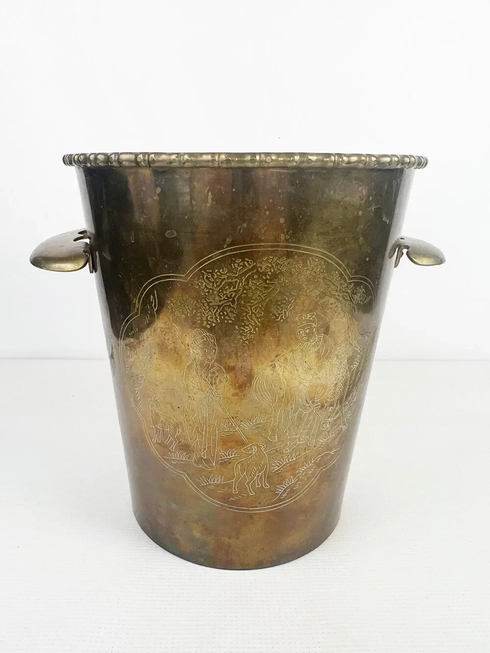 Vintage Brass Ice Bucket Wine Cooler Engraved Etched Planter Asian Scenic Handle